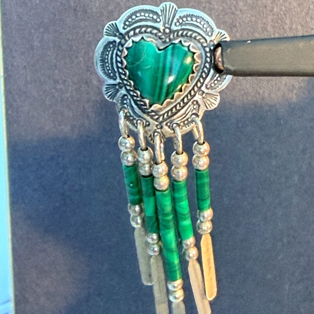 Vintage 925 Sterling Silver Malachite Heart Fringe Dangle Earrings Native Navajo - Picture 4 of 8
